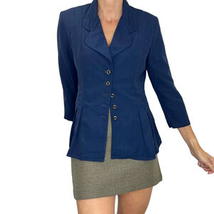 Vintage 80s 90s royal blue fitted pleated button up tailored blue blazer jacket